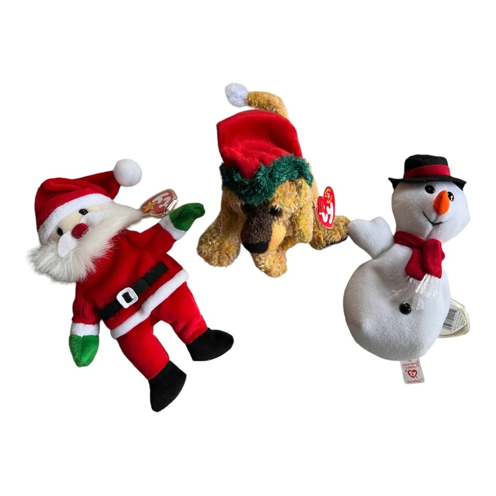 Lot of 3 BEANIE BABIES Christmas Holiday JINGLEPUP Santa and SNOWBALL